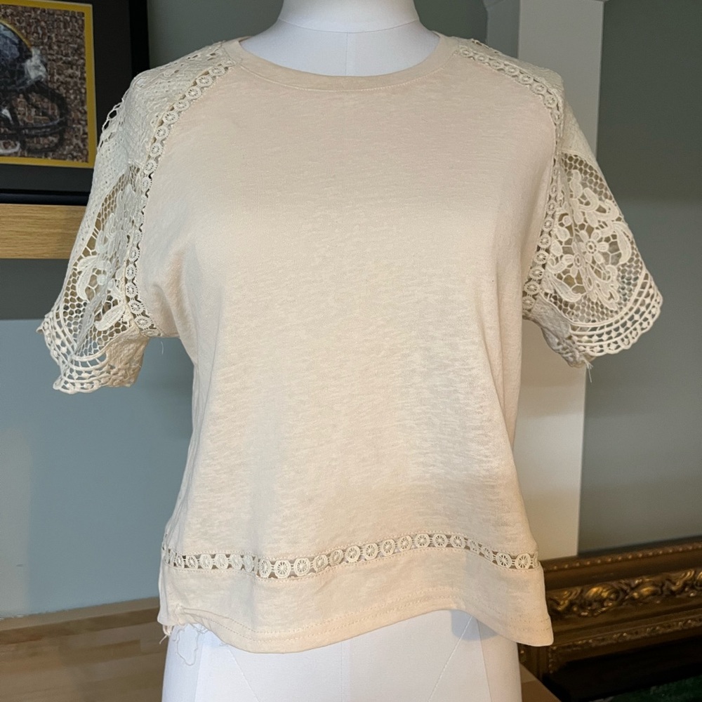 Anthropologie Cream Lace Sleeve Women's Top - size Small